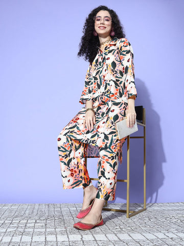 Pink Floral Printed Shirt Collar Straight Kurta Paired With Tonal Bottom